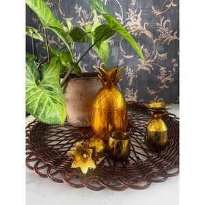 Vintage Brass Pineapple Set 3pc Hollywood Regency/Tiki Gold Barware Decor 7", 4"